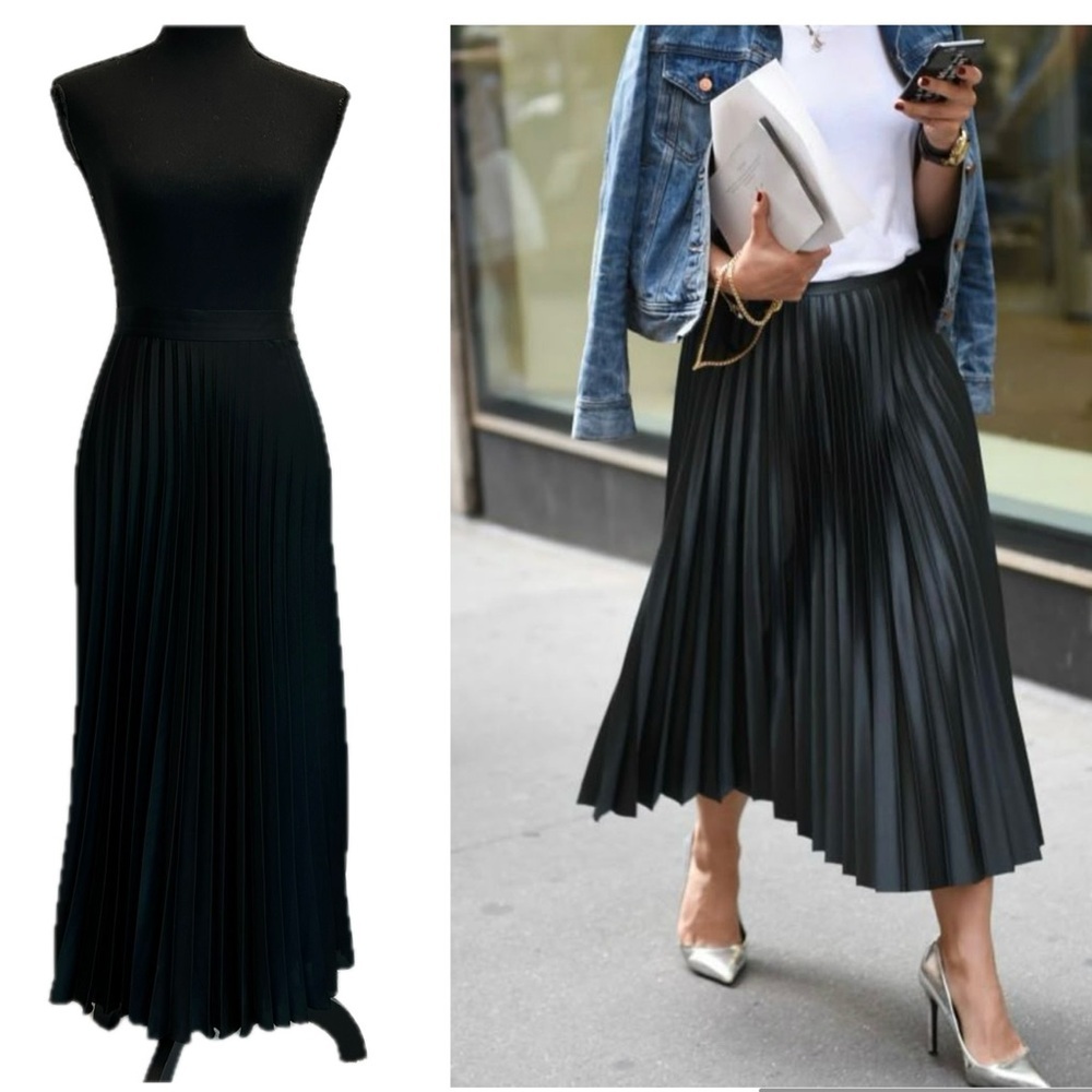 Zara black satin effect pleated A-line midi skirt classy Sz M